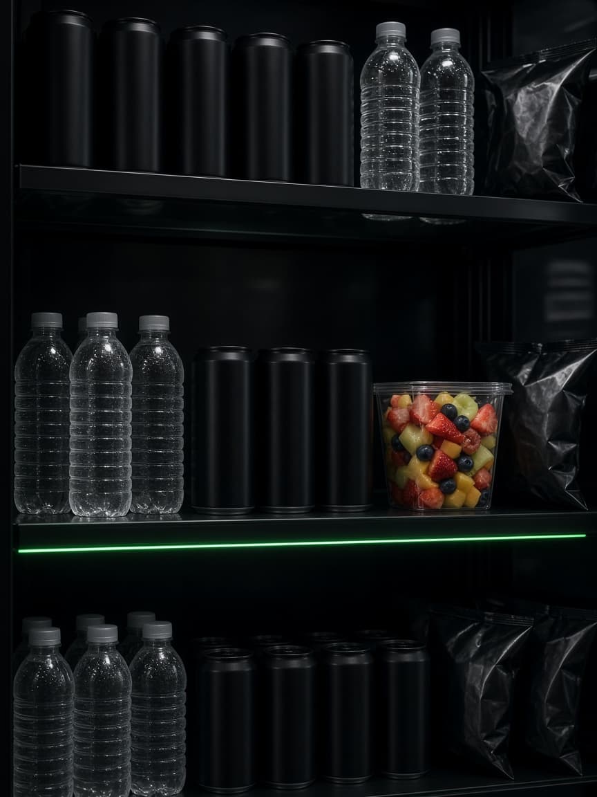 Unlabeled cold drinks, water, snacks, and a fruit cup on a dark shelf